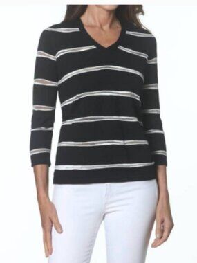 J'Envie New York Black & White Stripe 3/4 Sleeve V-Neck Top